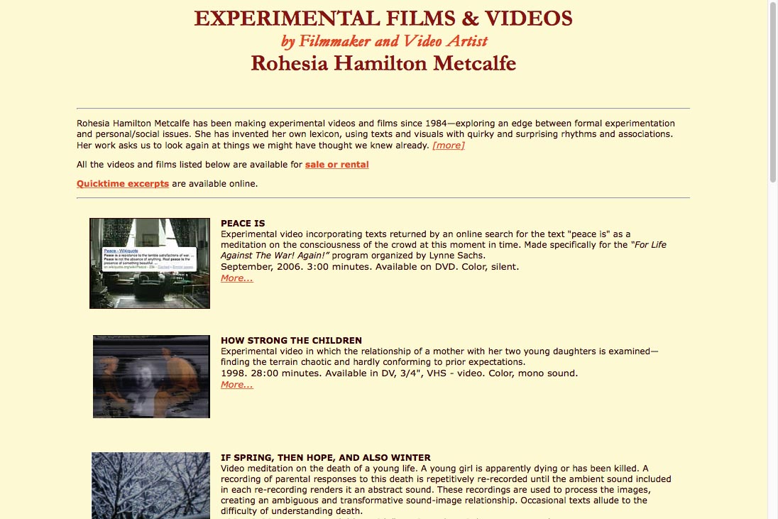 early web design for media artist - films landing page