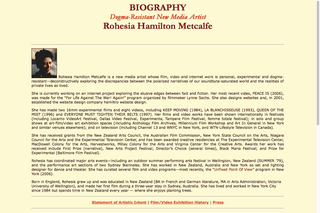 early web design for media artist - biography page