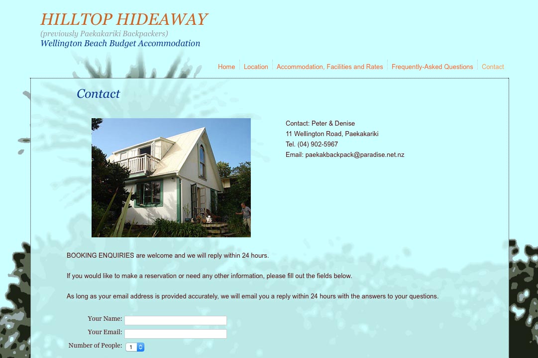 web design for a budget backpacker accommodation lodge - contact page