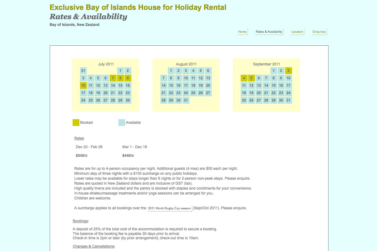 web design for a holiday home in New Zealand - rates and availability page