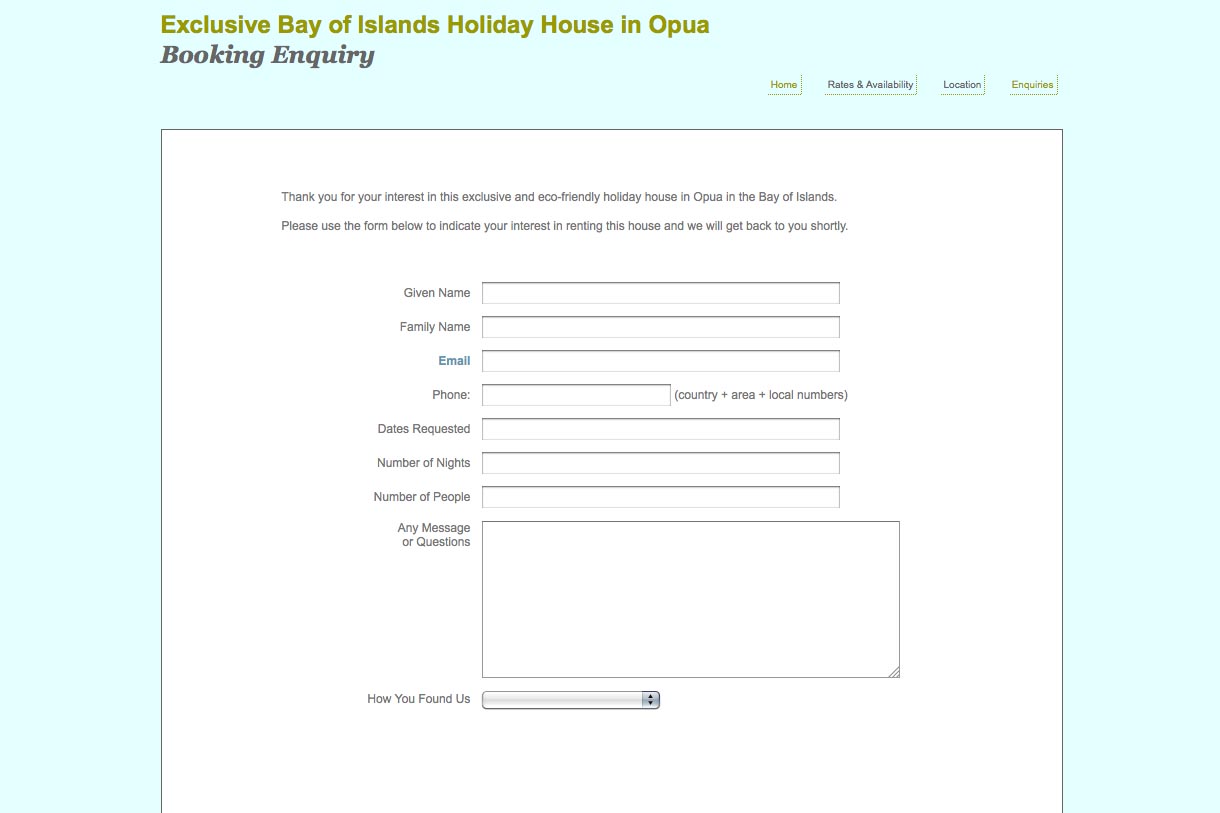 web design for a holiday home in New Zealand - contact page