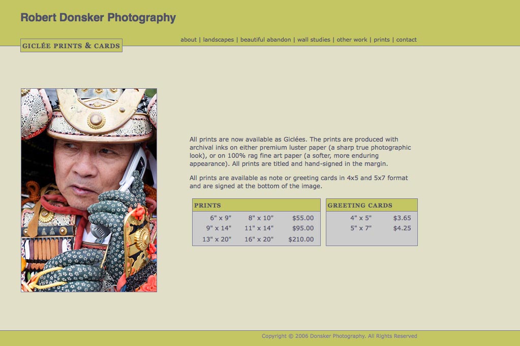 web design for a photographer - prints page