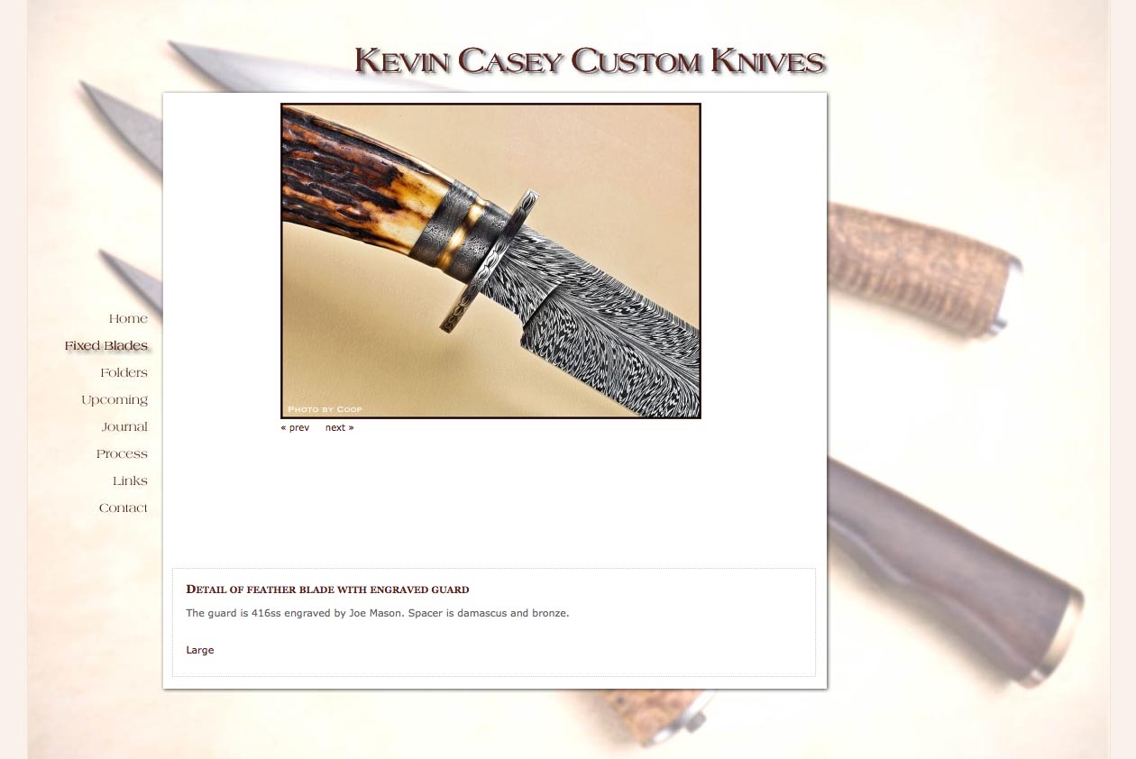 web design for a custom knife craftsman - fixed blade knife portfolio page