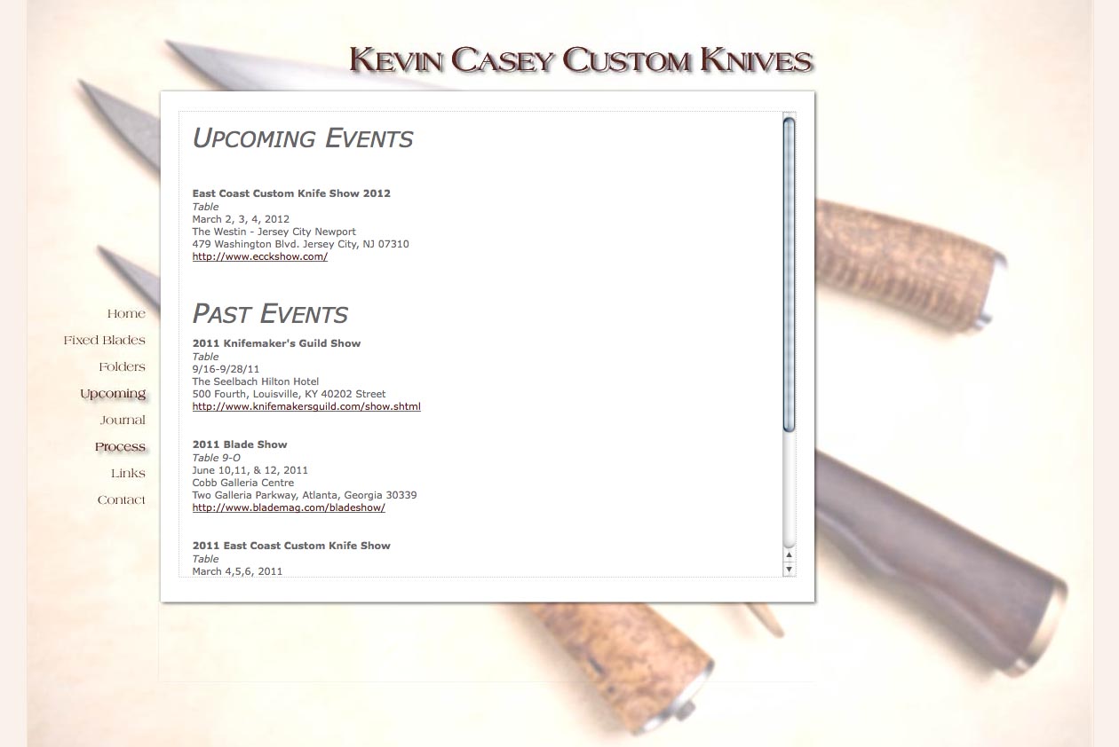 web design for a custom knife craftsman - upcoming events page