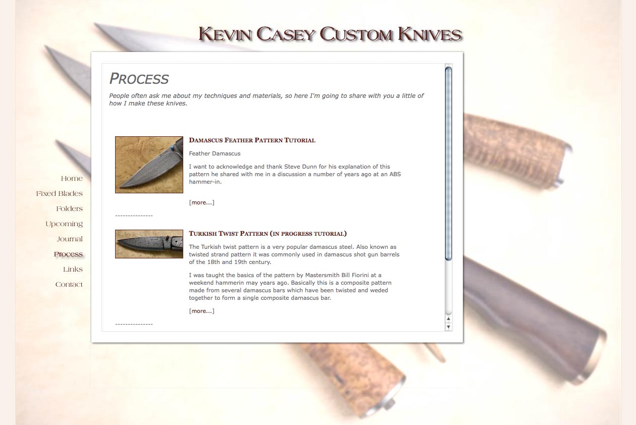 web design for a custom knife craftsman - process page