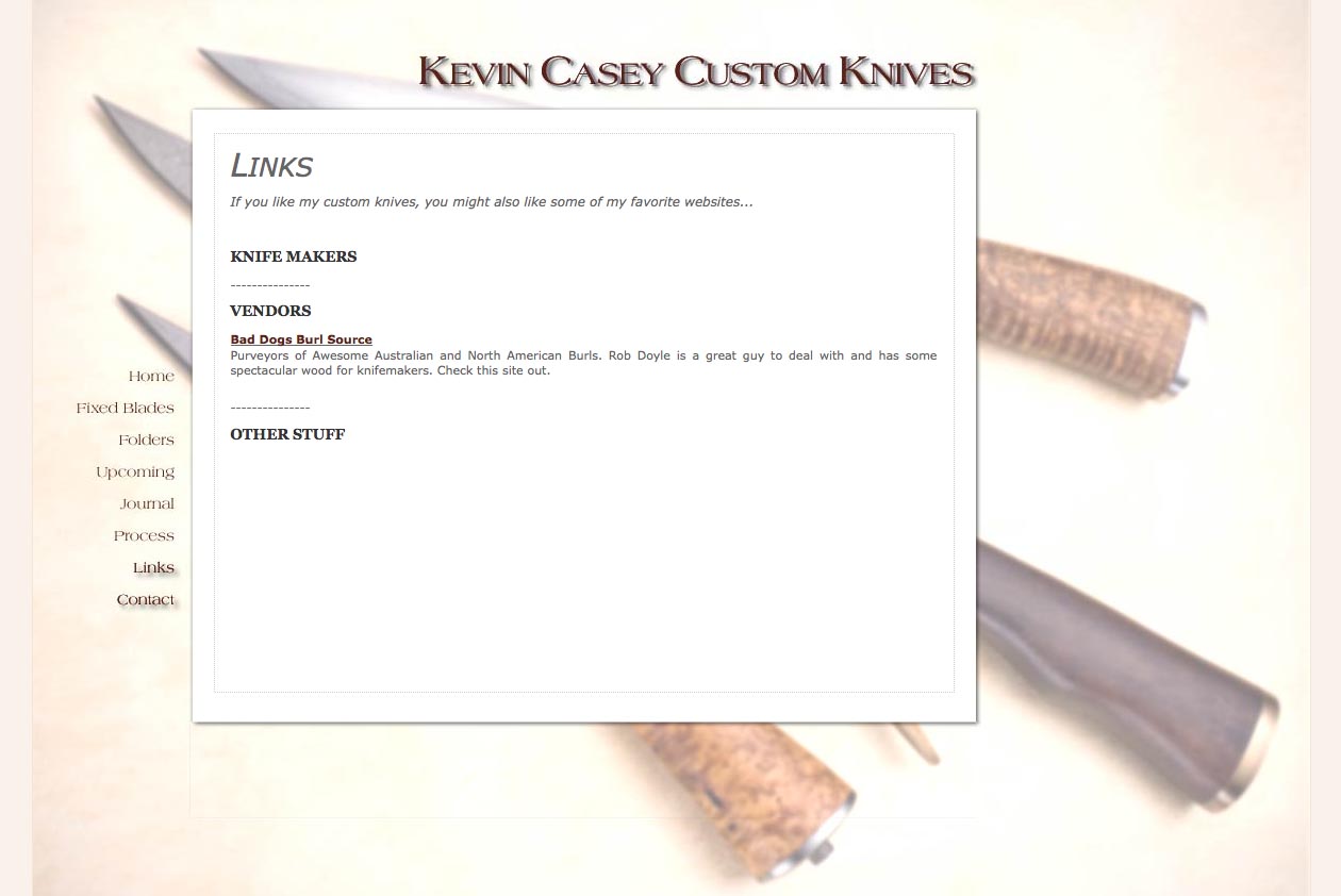 web design for a custom knife craftsman - links page