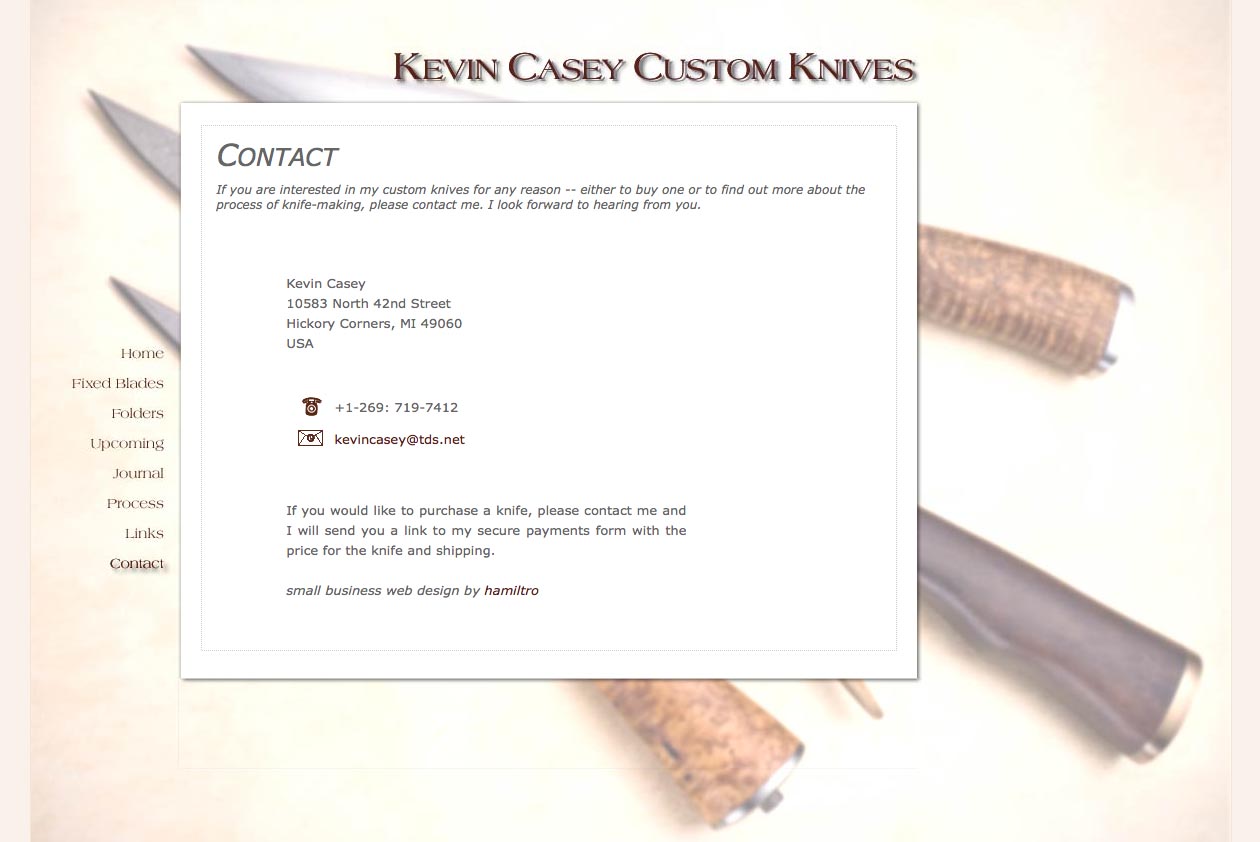 web design for a custom knife craftsman - contact page