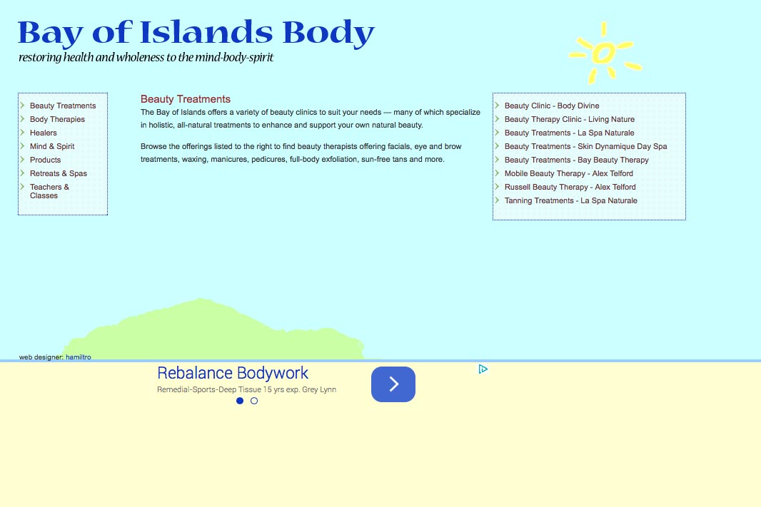web design for holistic services in a local community - beauty treatments page