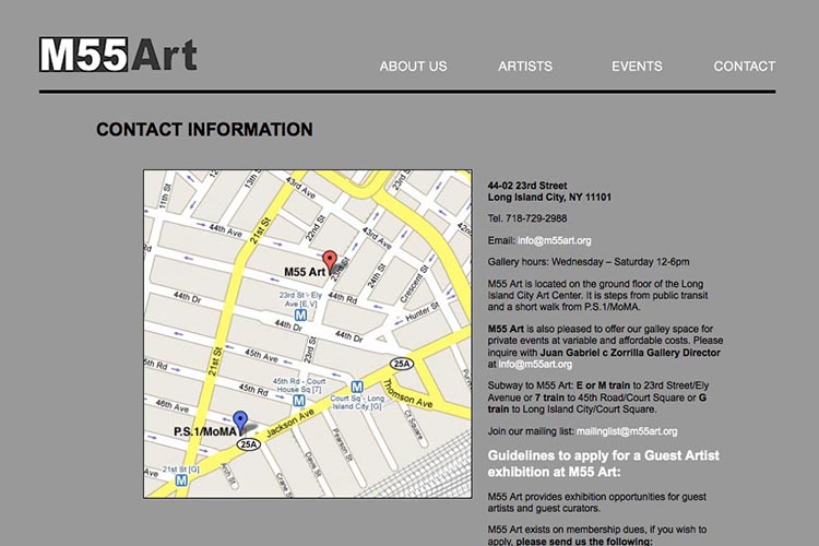 web design for an art gallery in New York - contact page