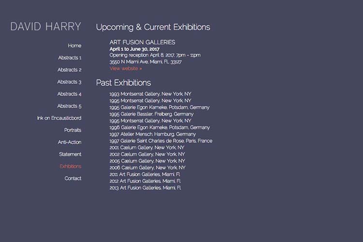 web design for an abstract artist - exhibitions page