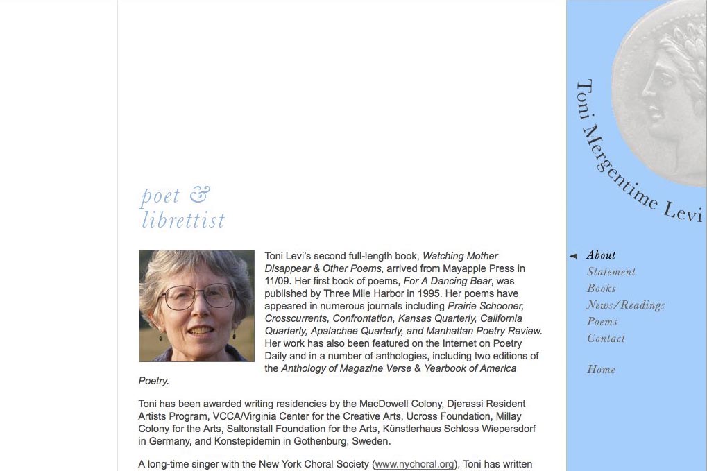 web design for a poet and fundraiser - about page