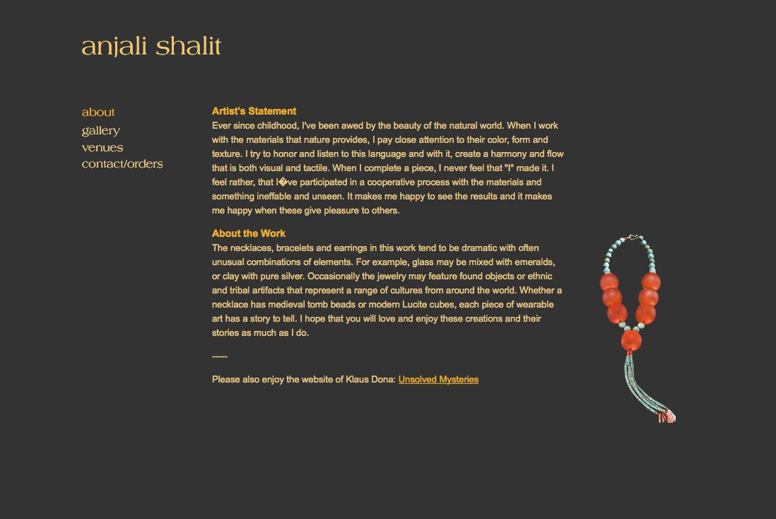 web design for a jeweler - Anjali Shalit - about page