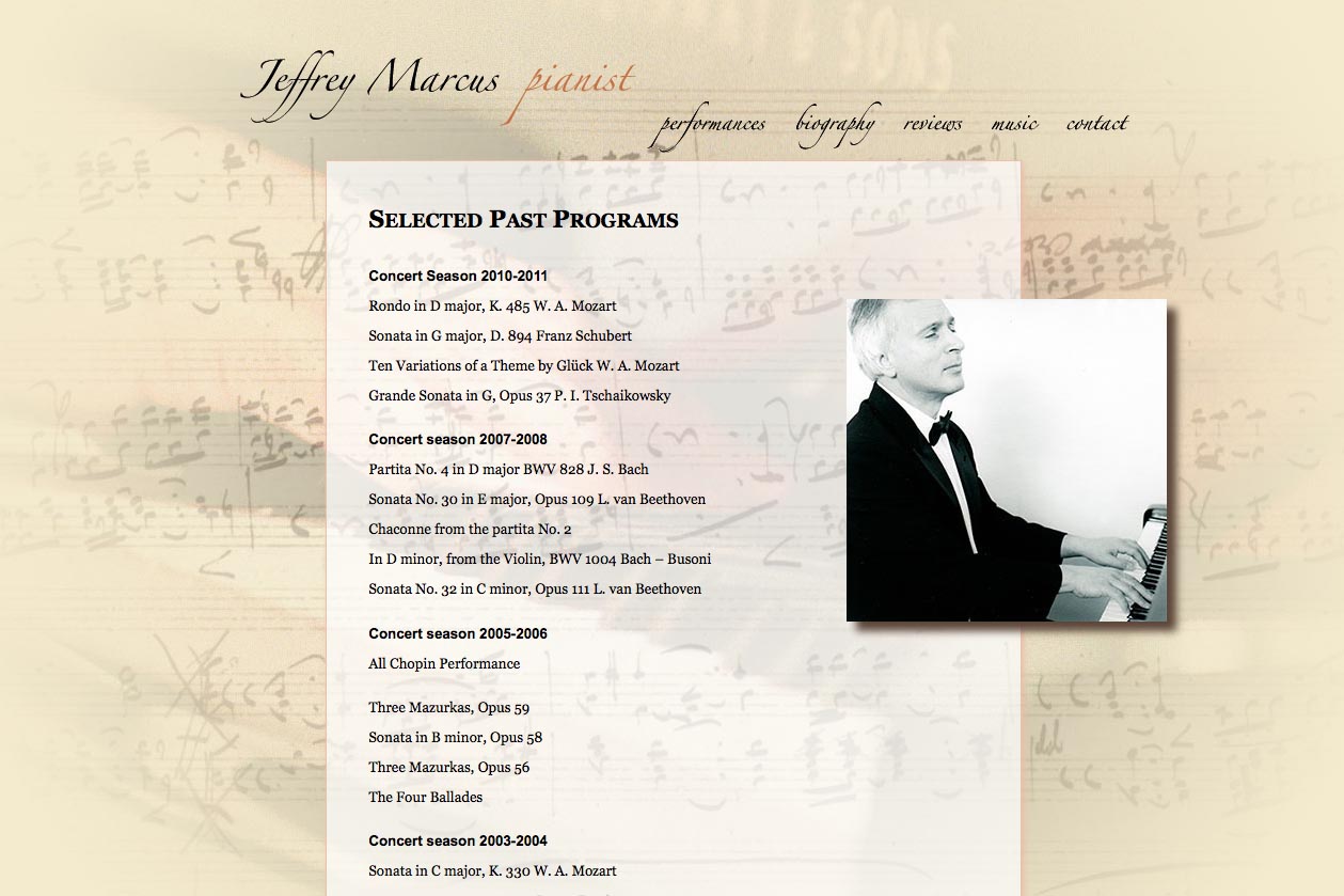 web design for a world-renowned classical pianist - performance page