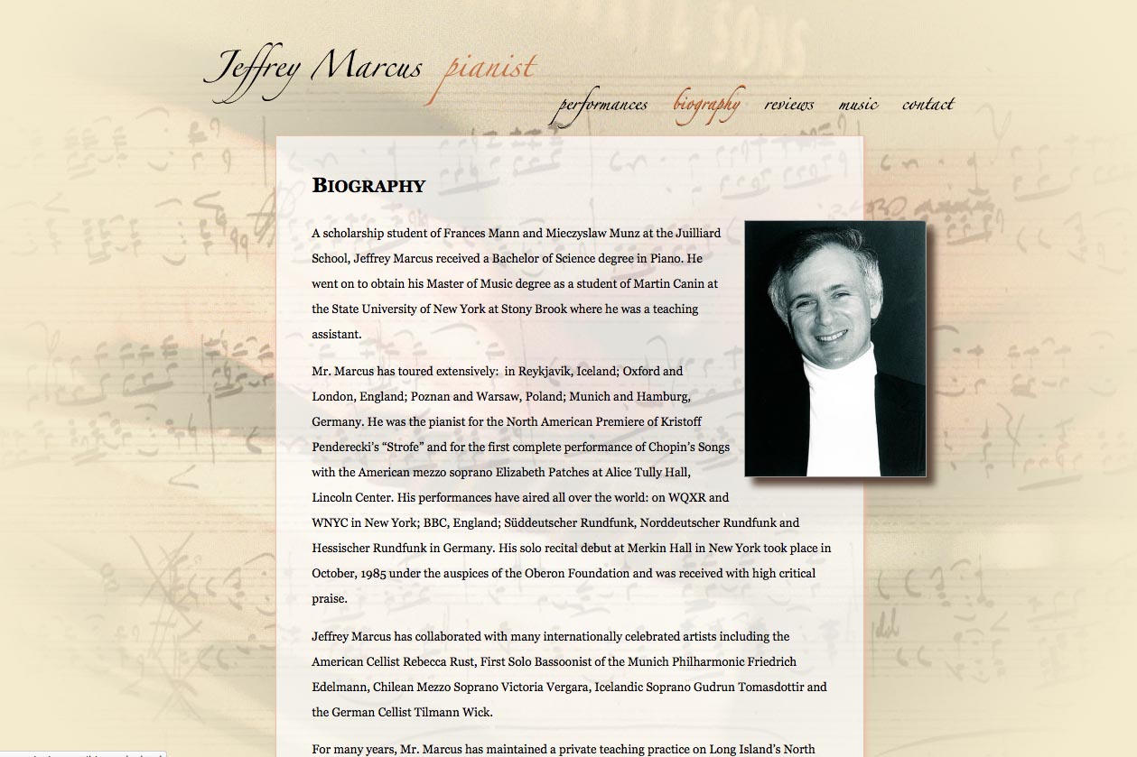 web design for a world-renowned classical pianist - biography page