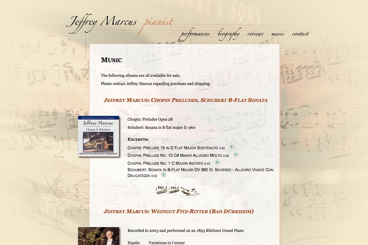 web design for a world-renowned classical pianist - music page