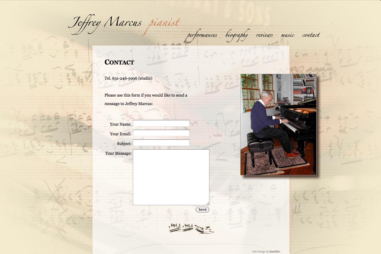 web design for a world-renowned classical pianist - contact page