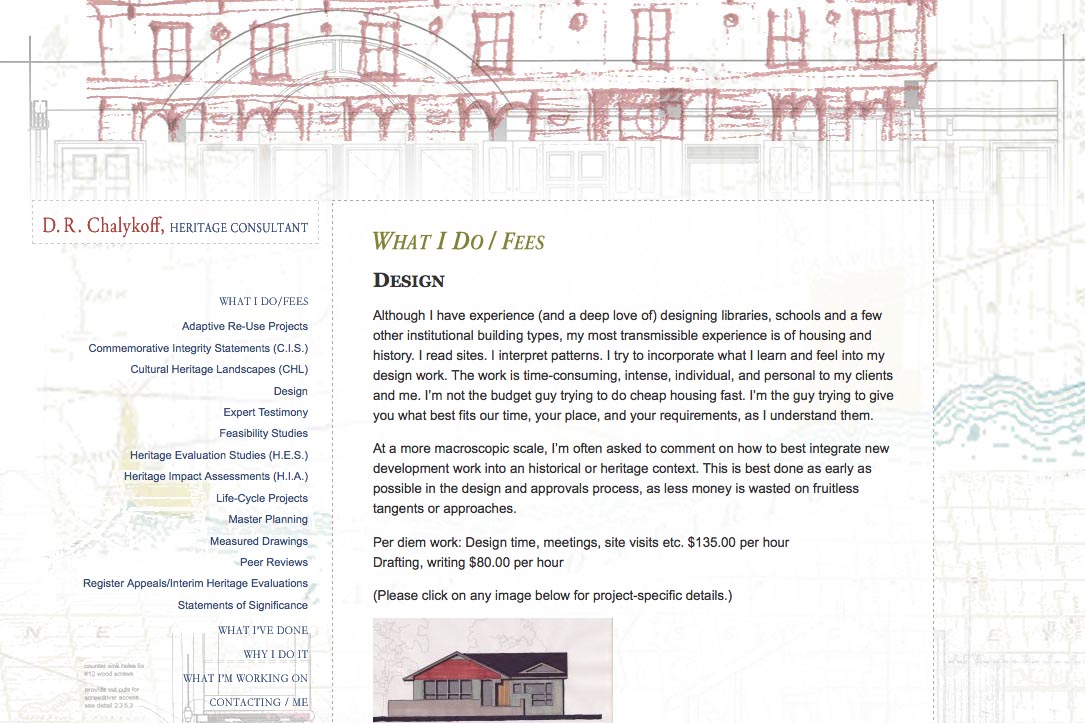 web design for an architectural heritage consultant - what I do design page