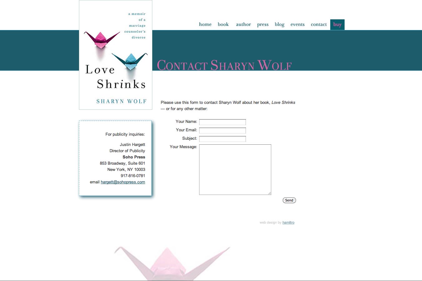 web design for a book by a relationships therapist - contact page