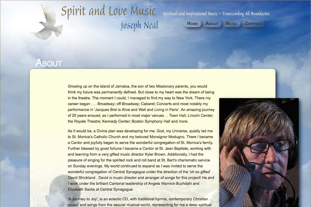 web design for an inspirational singer - about page