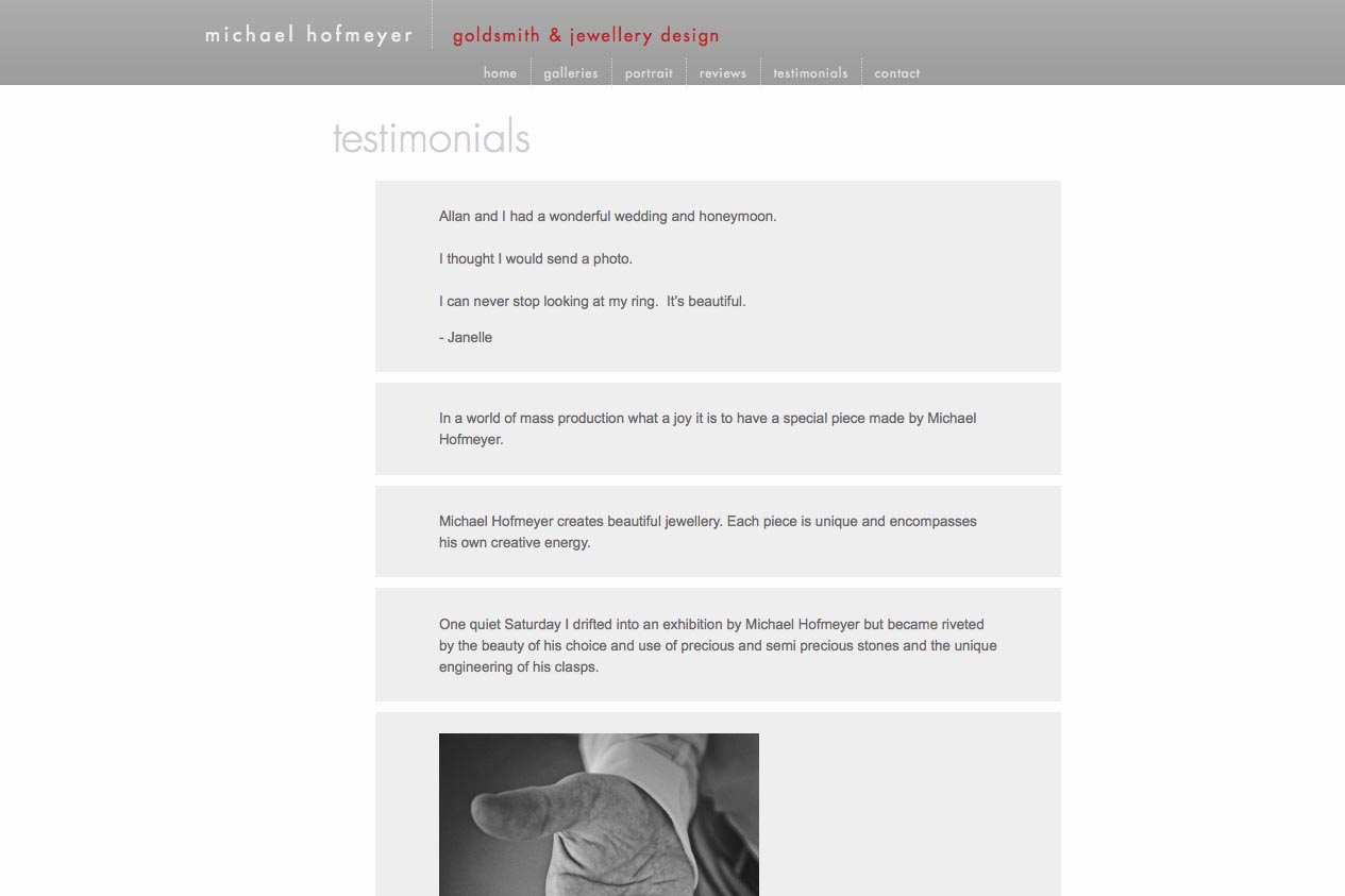 web design for an artisanal jeweler - testimonials page