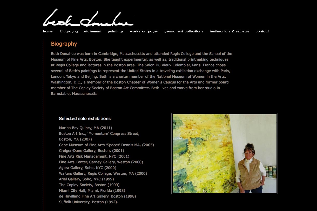 web design for an abstract artist - biography page