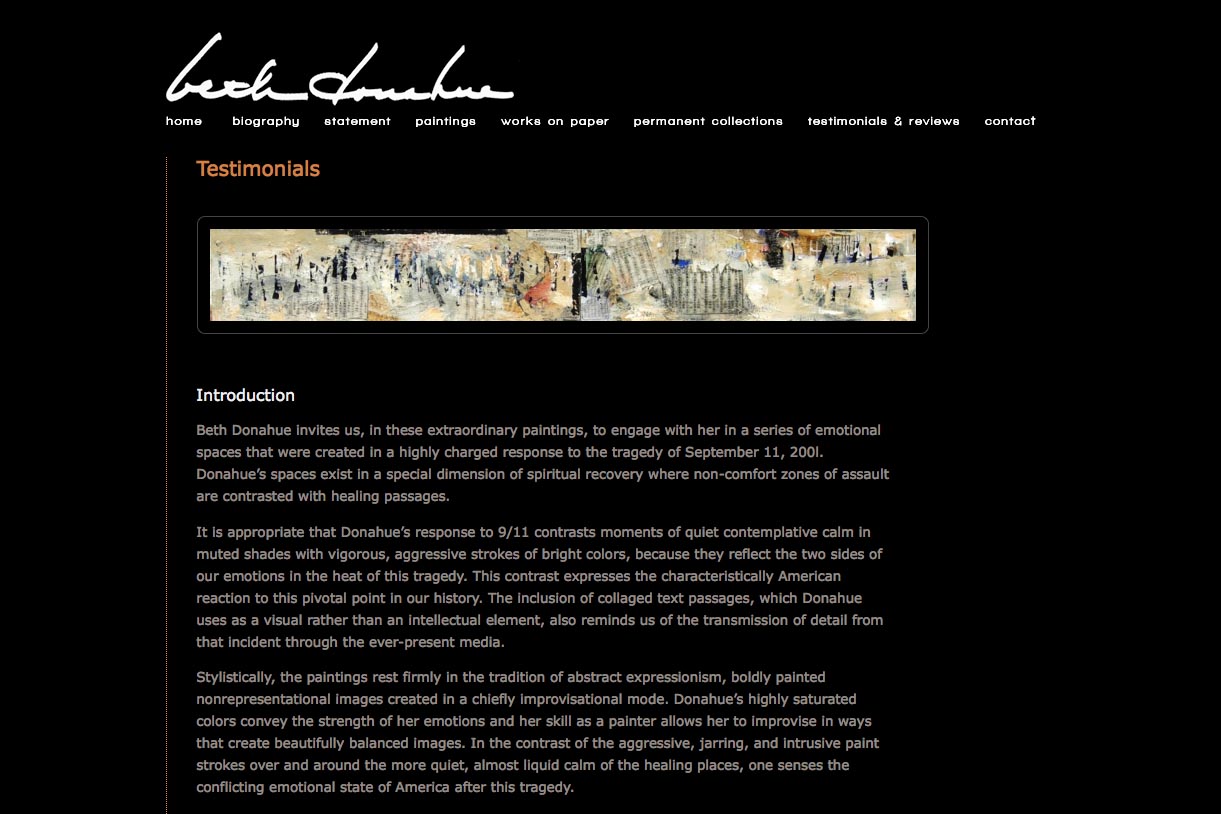 web design for an abstract artist - testimonials and reviews page