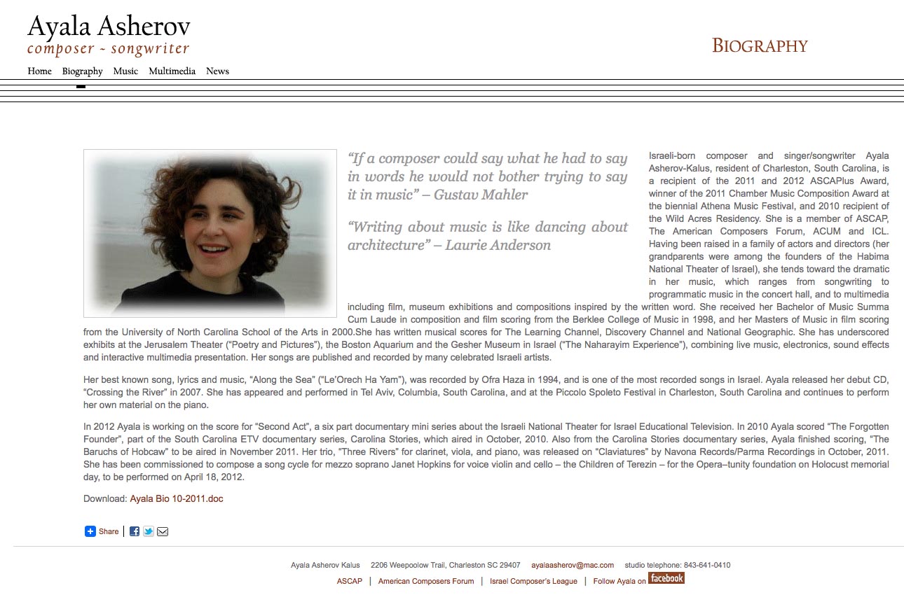 web design for a composer - biography page