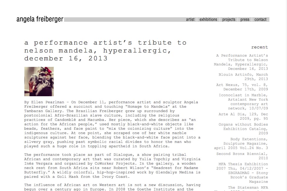 web design for a sculptor and performance artist - press page