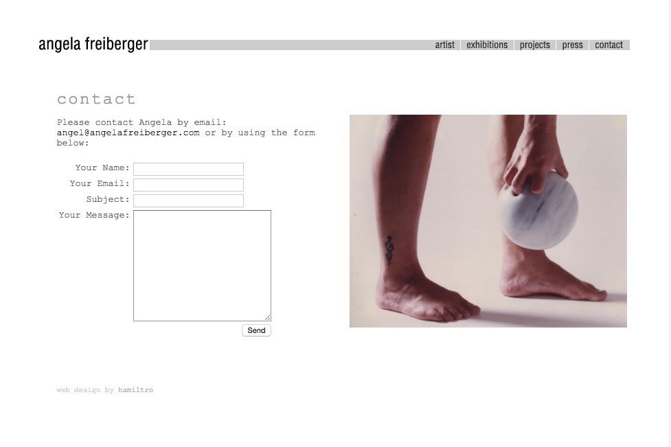 web design for a sculptor and performance artist - contact page