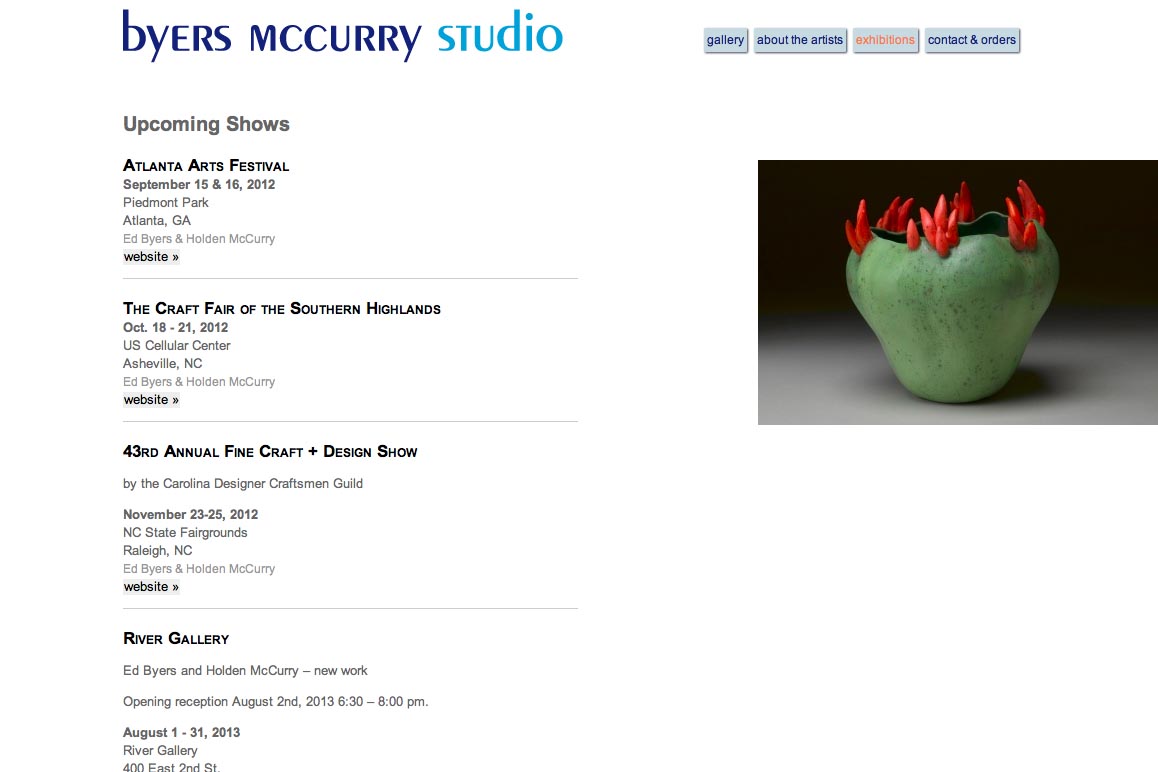 web design for two creative ceramicists - exhibitions page