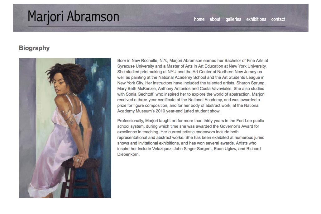 web design for an abstract and figurative artist - biography page