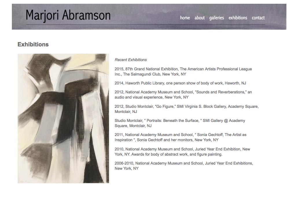 web design for an abstract and figurative artist - exhibitions page