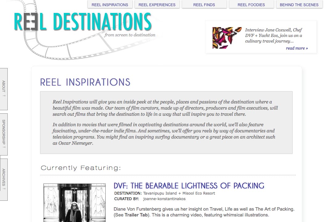 web design for a film-themed travel company - inspirations section landing page