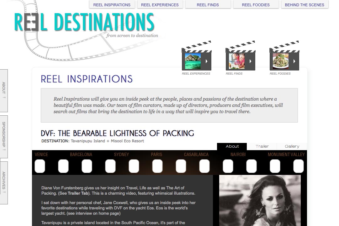 web design for a film-themed travel company - inspirations section single page