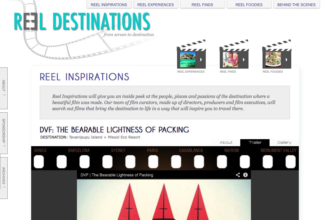 web design for a film-themed travel company - inspirations section single page with trailer