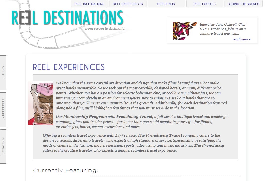 web design for a film-themed travel company - experiences section landing page