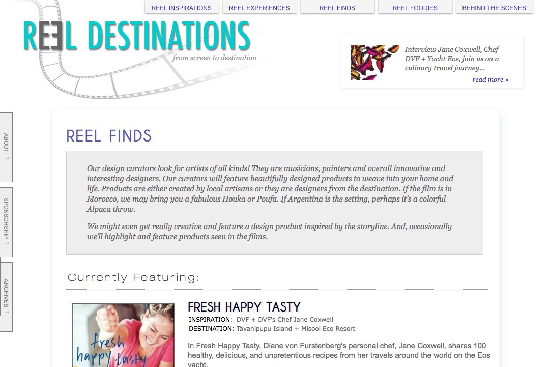 web design for a film-themed travel company - finds section landing page