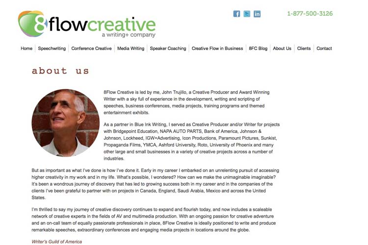 web design for a speaking coach and consultant - about page