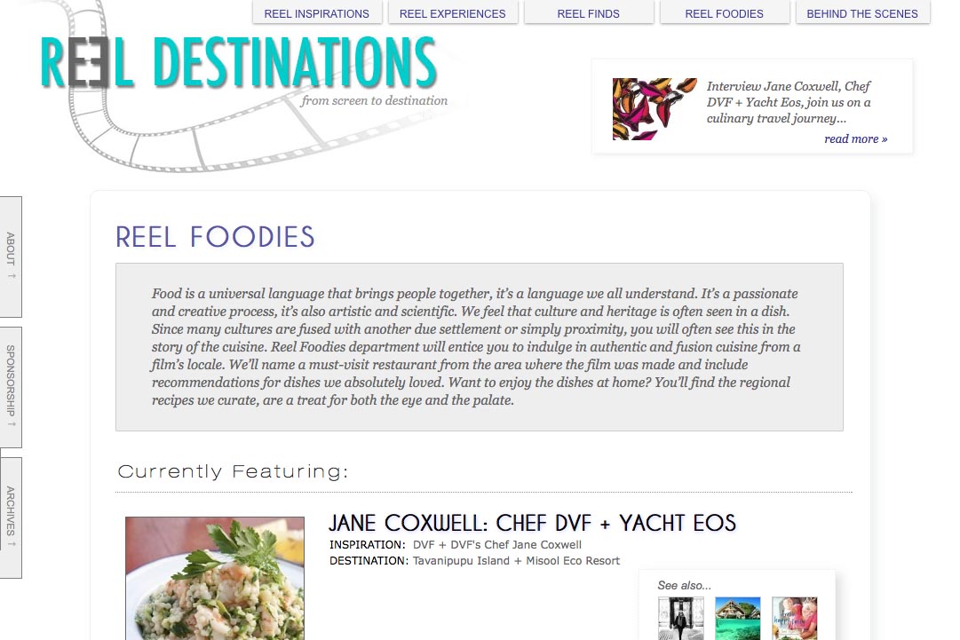 web design for a film-themed travel company - foodies section landing page