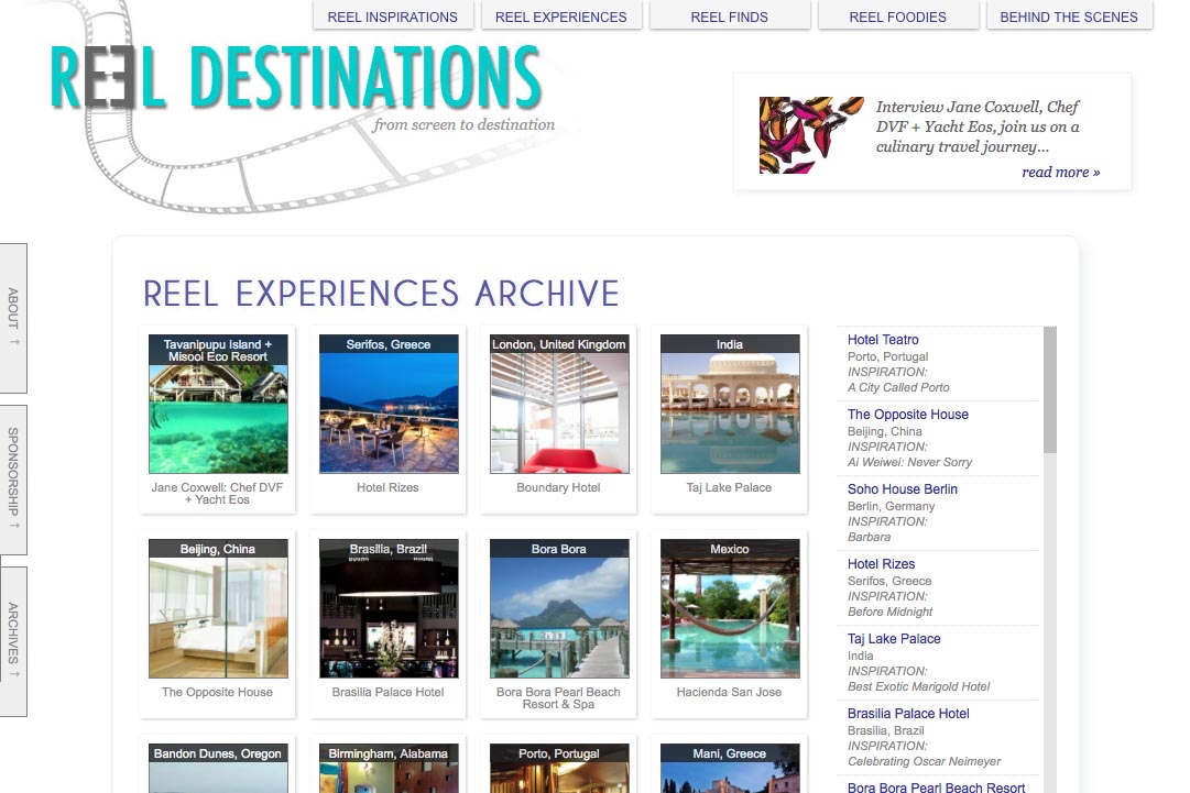 web design for a film-themed travel company - experiences archive page