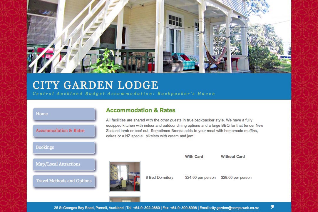 web design for a budget accommodation lodge - accommodation and rates page