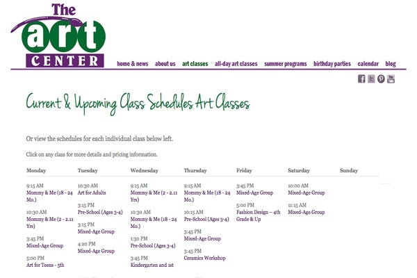 web design for an art school for New York children - schedule page