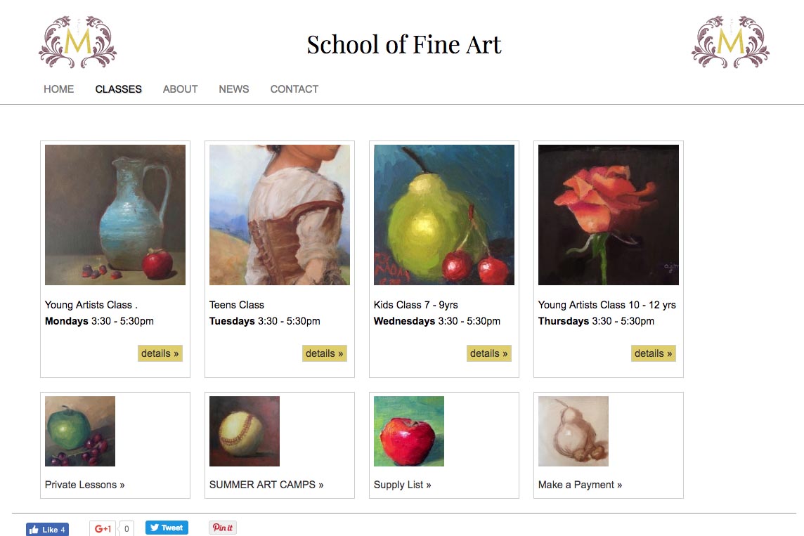 web design for an art school - classes page