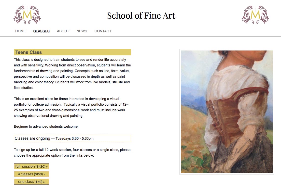 web design for an art school - teen class page