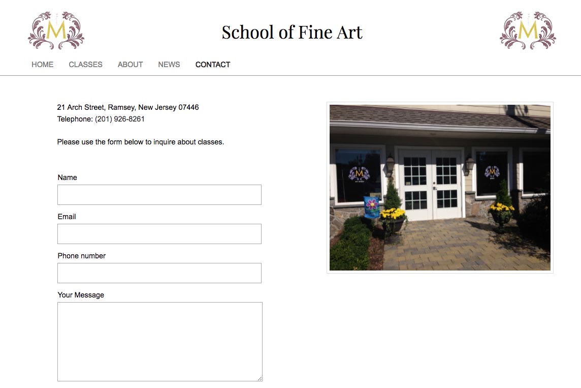 web design for an art school - contact page