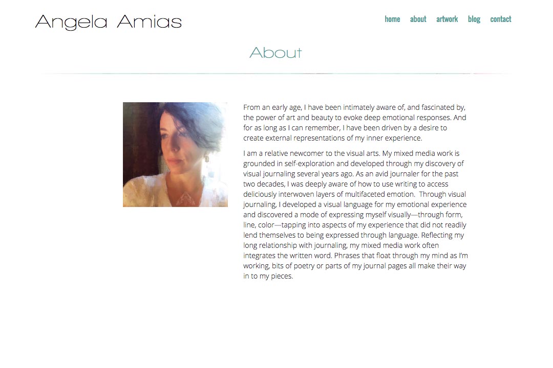 web design for an artist - Angela Amias - about page