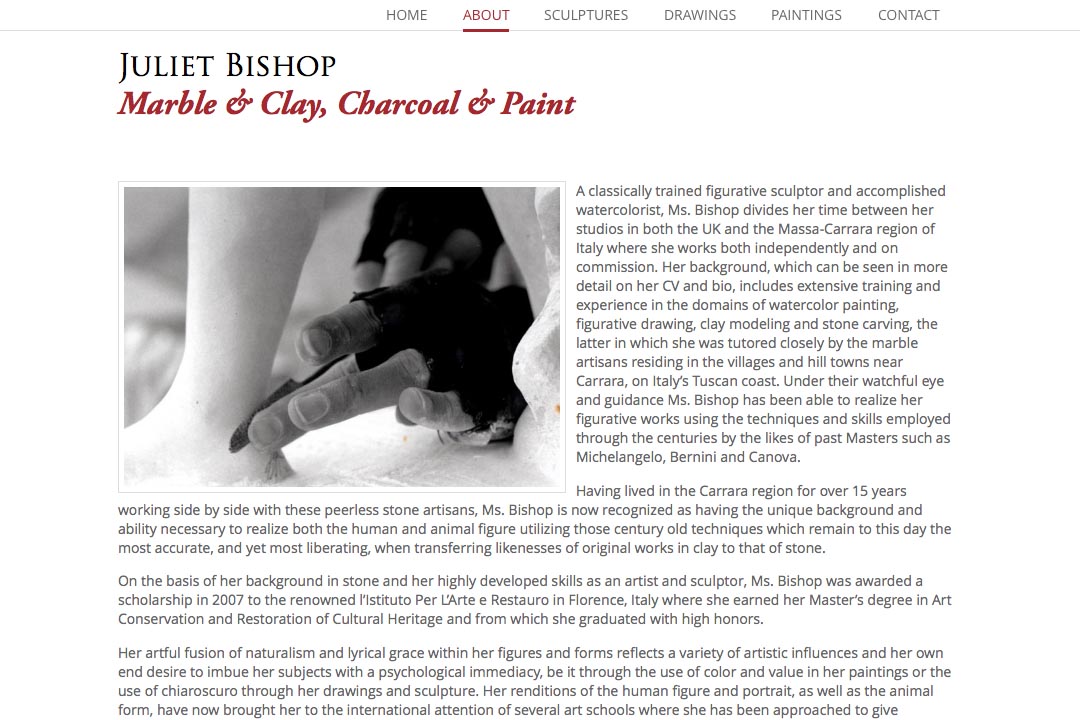 web design for a classical sculptor - about page