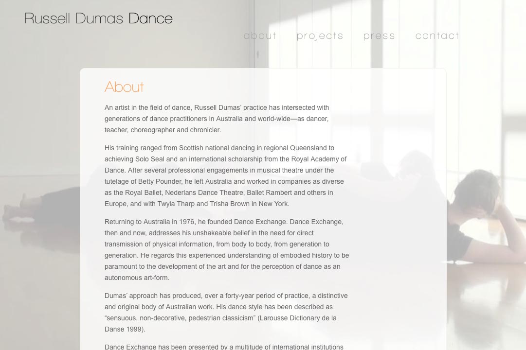 web design for a choreographer - about page