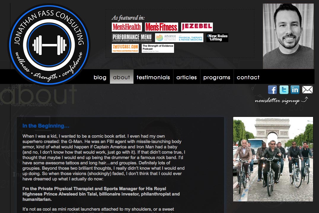 web design for a fitness trainer and consultant - about page