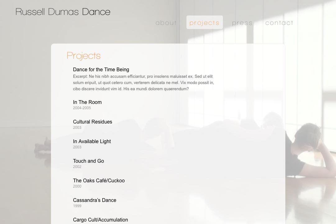 web design for a choreographer - projects index page